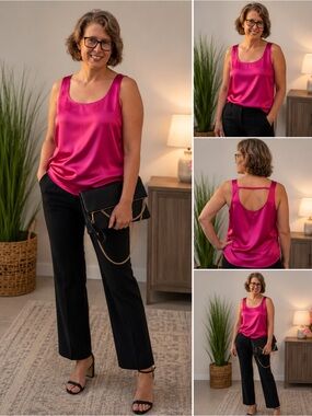 Montgomery Post 1X Fuchsia Satin Tank Top Strappy Back NWOT